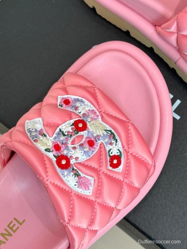 2025 CHANEL Pink Quilted Leather Slippers KFY00260