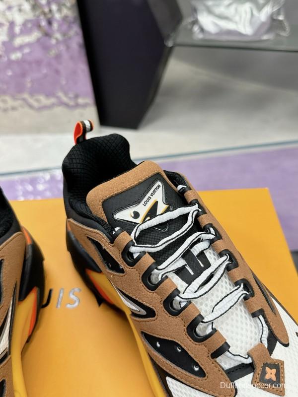 2025 Men Louis Vuitton Brown White Black Mesh Leather Sneakers MJ00420