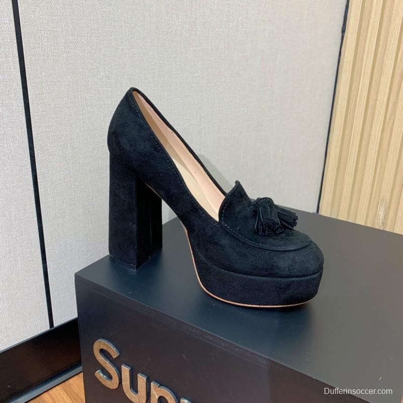 2025 Women Gianvito Rossi Black Suede Platform Tassel Loafer KFY00330