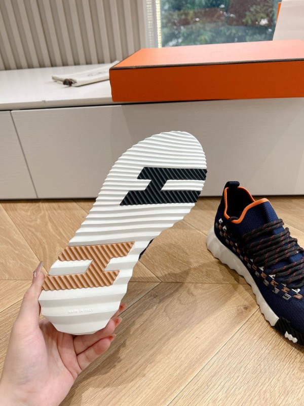 2024 Unisex Hermès Navy Orange Knit Leather Sneakers