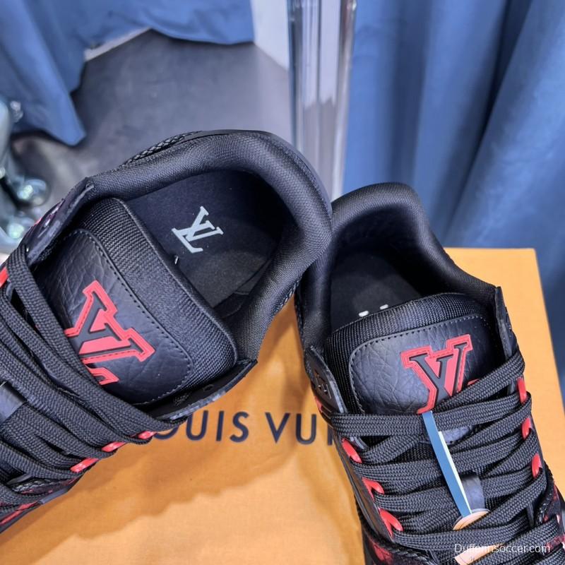 2025 Unisex Louis Vuitton Black Red Leather Sneakers