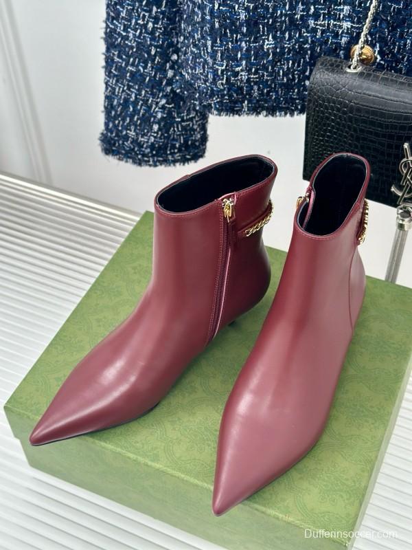 2024 Women Gucci Burgundy Leather Ankle Boots Chain MJ00410