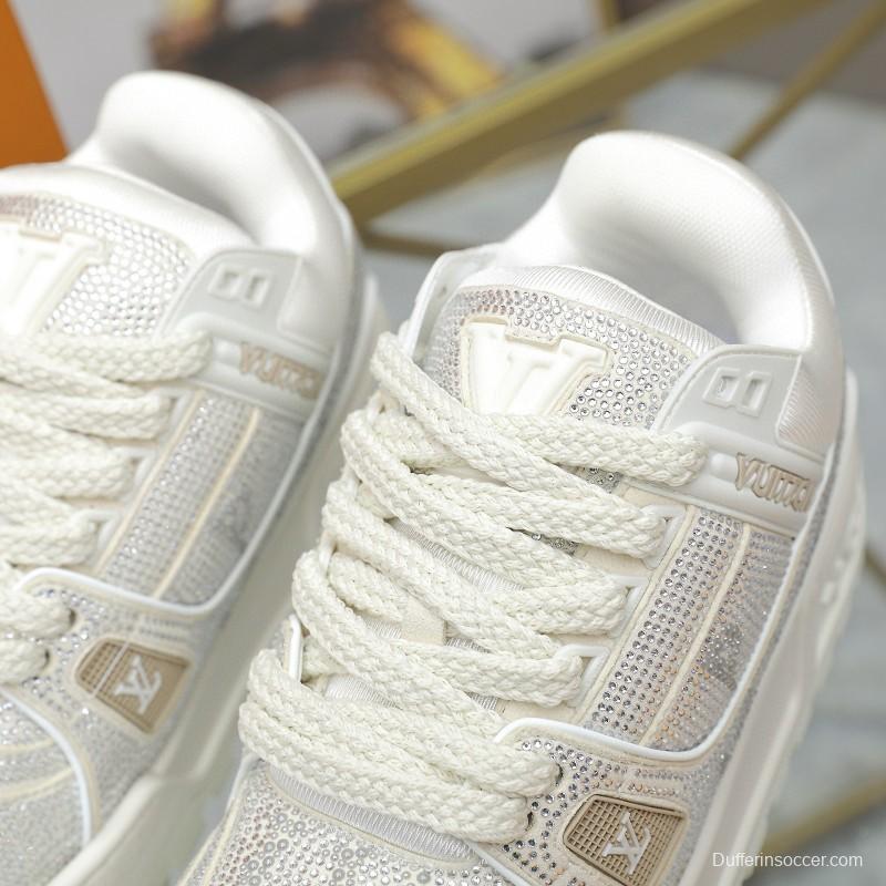 2024 Unisex Louis Vuitton White Crystal Trainer Leather Plimsolls High Temperature Pressing MJ00430