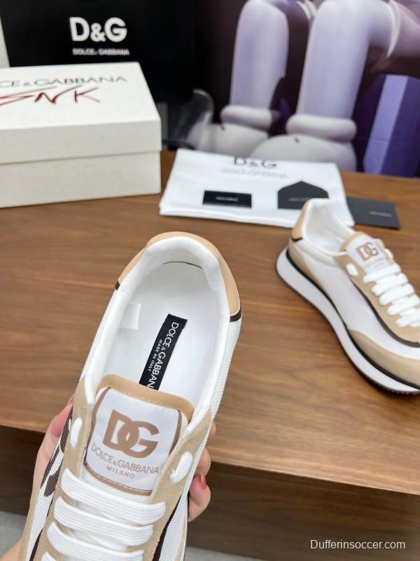 2025 Unisex Dolce & Gabbana White Beige Suede Mesh Sneakers LY00300