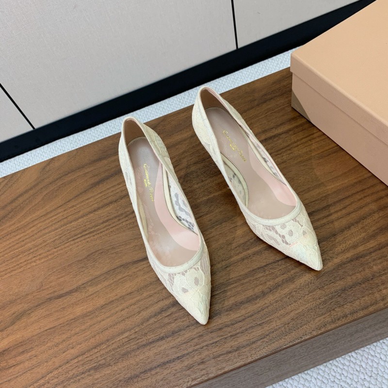 2025 Women Gianvito Rossi White Lace Leather Pumps KFY00280