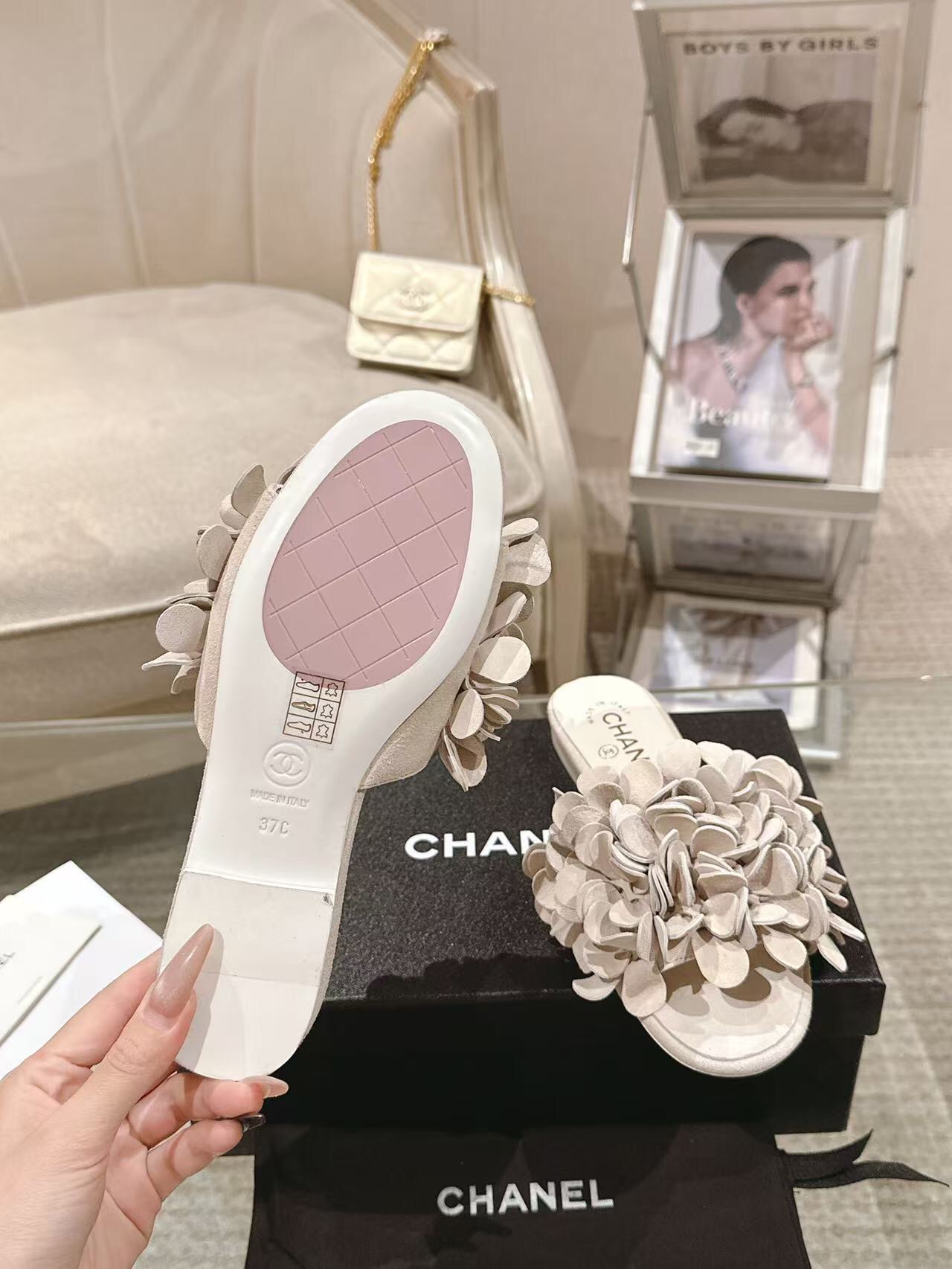 2025 Women Chanel Beige Leather Mules Floral Decoration