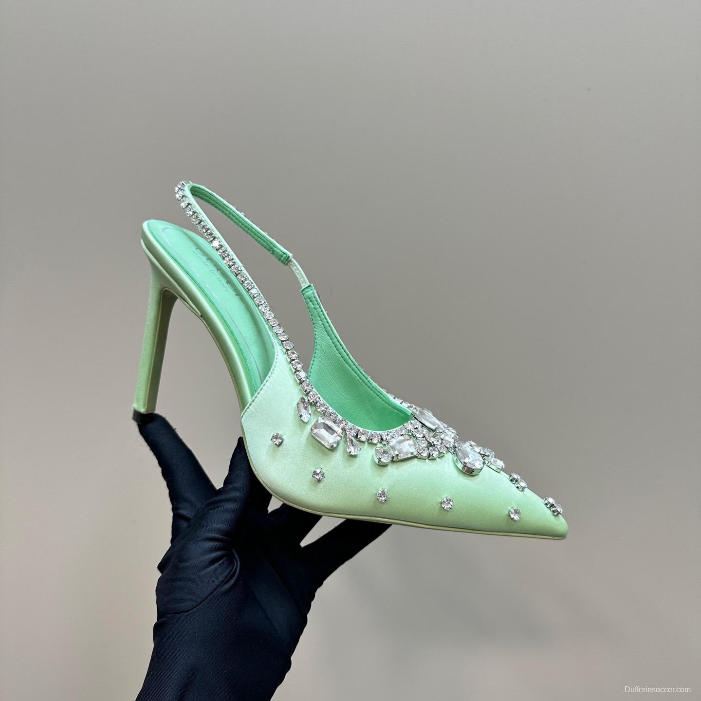 2025 Women Gucci Green Satin Slingback High Heel Crystal Embellished KFY00340