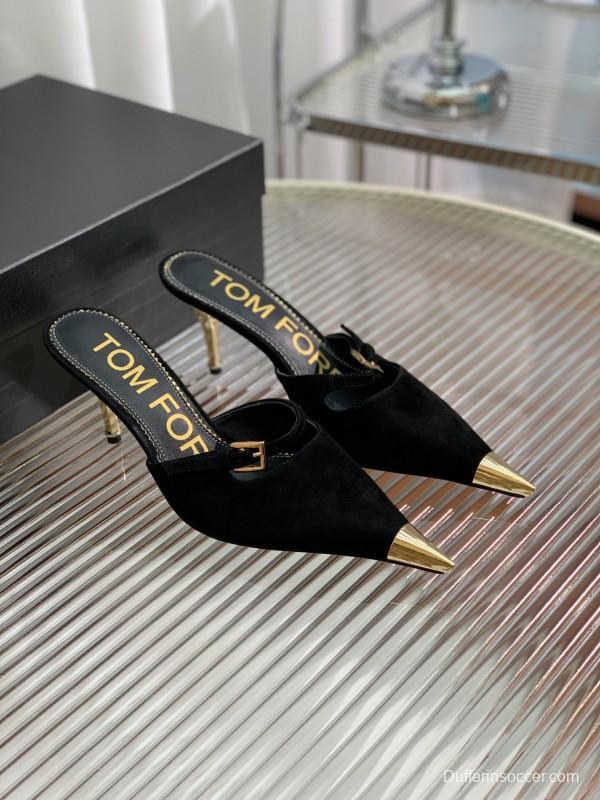 2025 Women TOM FORD Black Suede Leather Pointed Toe Metal Tip Mules