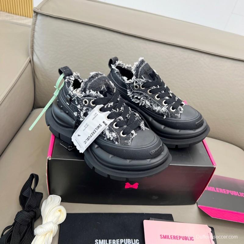 2025 Women SmileRepublic Black Tweed Leather Canvas Chunky Sneakers LY00291