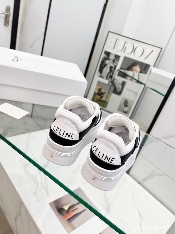 2025 Women CELINE Black White Leather Sneakers KFY00270