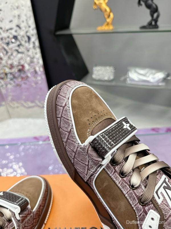 2024 Unisex Louis Vuitton Brown Silk Leather Denim Plimsolls Magic Tape MJ00410