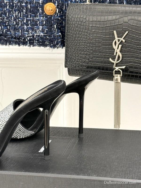 2025 Women Yves Saint Laurent Black Silver Crystal Leather Heeled Slippers LY00300