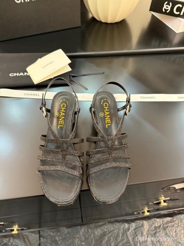 2025 Women Chanel Black Leather Sandals KFY00289