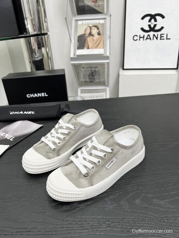 2025 Women Chanel Grey Canvas Leather Casual Sneakers LY00230