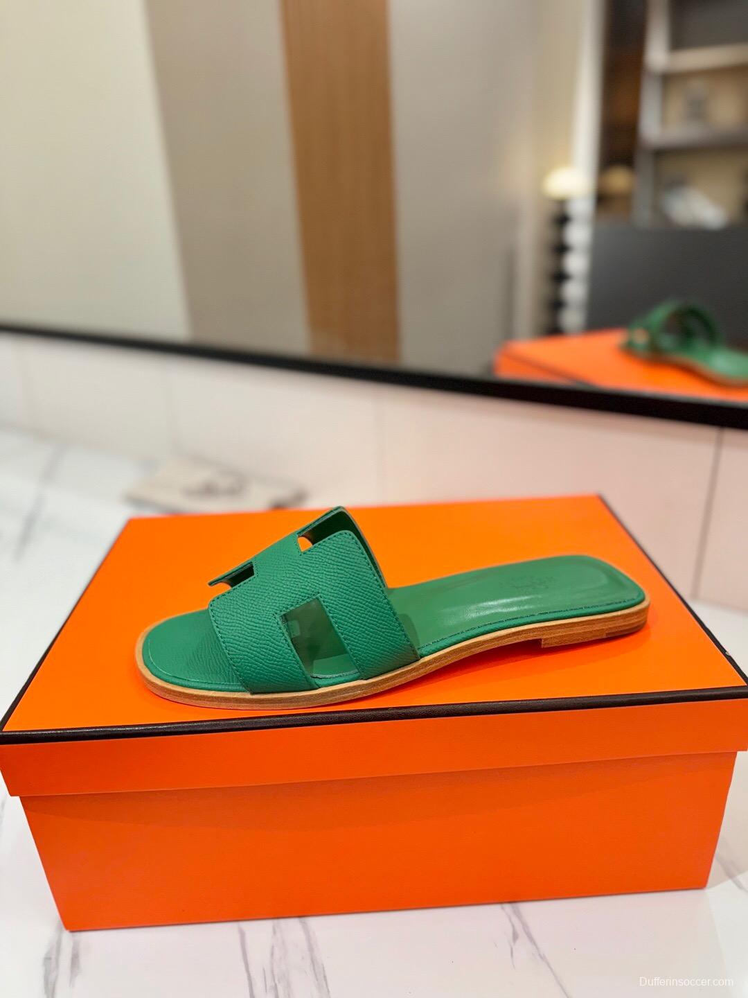 2025 Women Hermès Green Leather Slippers