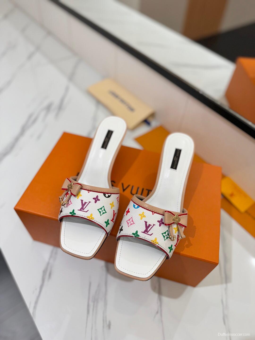 2025 Women Louis Vuitton White Multicolor Leather Sandals
