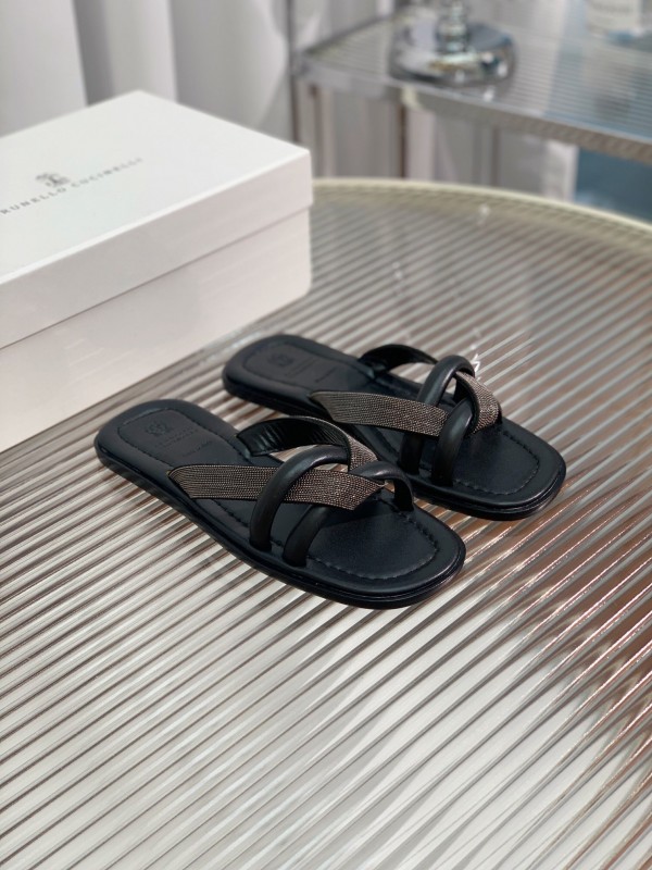 2025 Women Brunello Cucinelli Black Leather Flat Slides With Handwoven Beaded Straps KFY00300 (F)