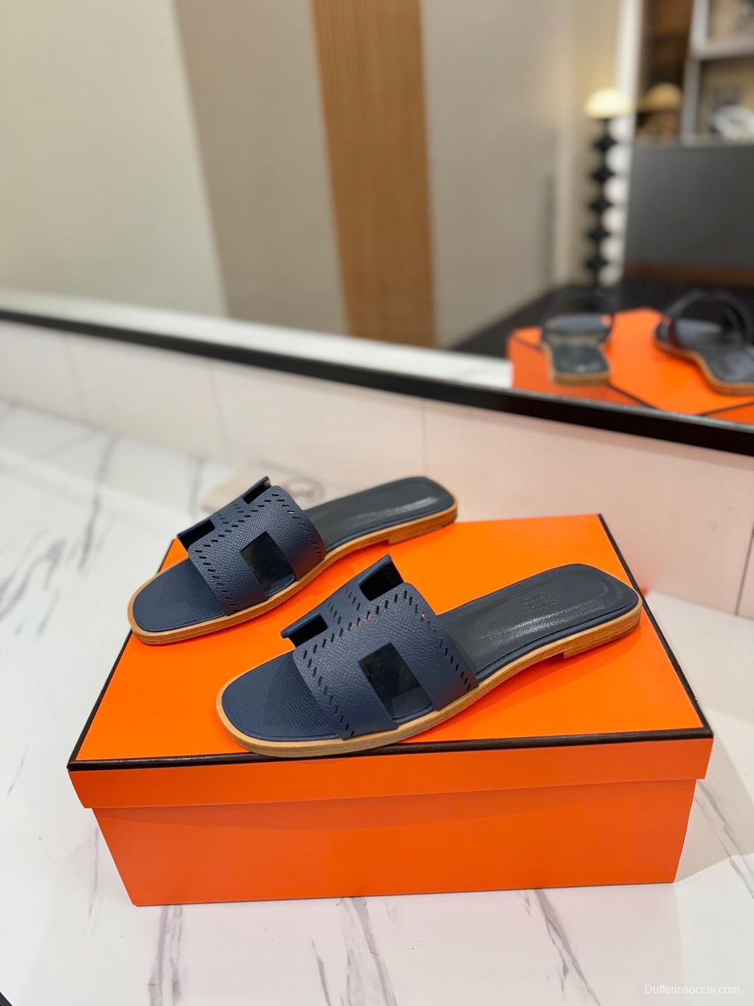 2025 Women Hermès Dark Blue Leather Slippers
