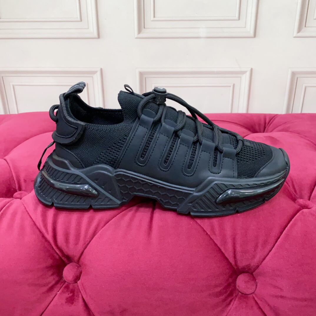 2025 Unisex Dolce & Gabbana Black Leather Knit Sneakers LY00340