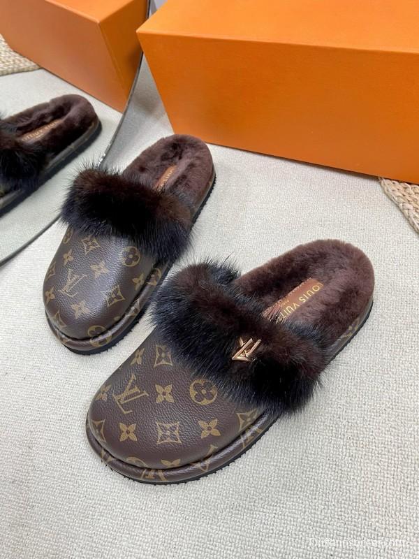 2024 Slippers Louis Vuitton Brown Leather Mink Fur Slippers MJ00340