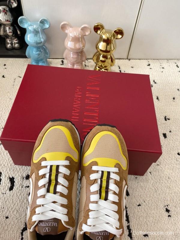 2025 Unisex Valentino Beige Brown Yellow Suede Silk Cow Leather Sneakers LY00340