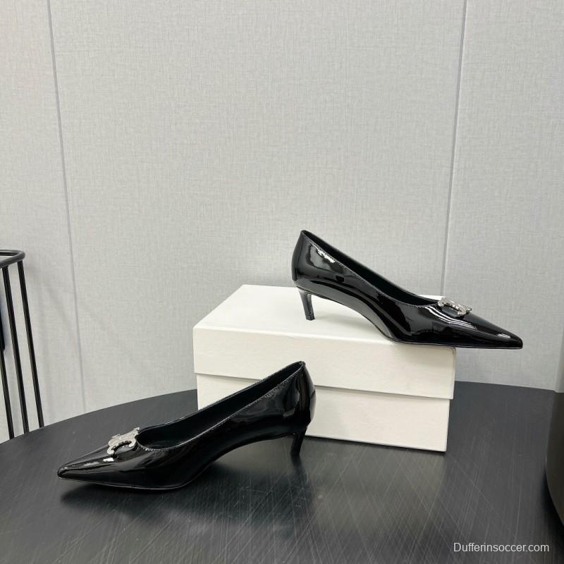 2025 Women Celine Black Patent Leather Pointed Toe Buckle Pumps KFY00290