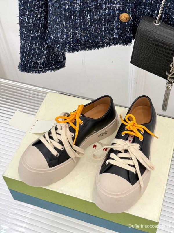 2025 Women Marni Black Leather Platform Sneakers With Contrast Laces LY00360(F)