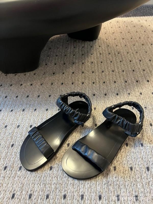 2025 Women The Row Black Leather Flat Sandals KFY00270