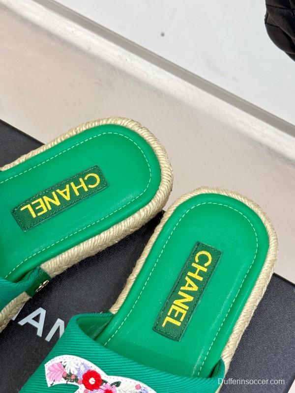 2025 Women Chanel Green Canvas Leather Slippers Embroidered KFY00230