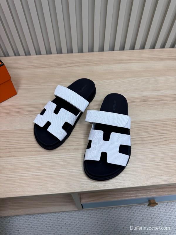 2025 Women Hermès White Black Leather Slippers