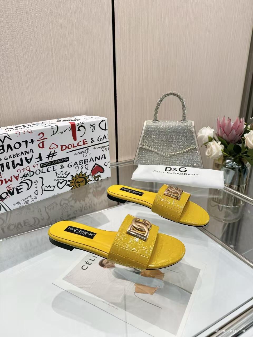2025 Women Dolce & Gabbana Yellow Leather Slippers LY00190