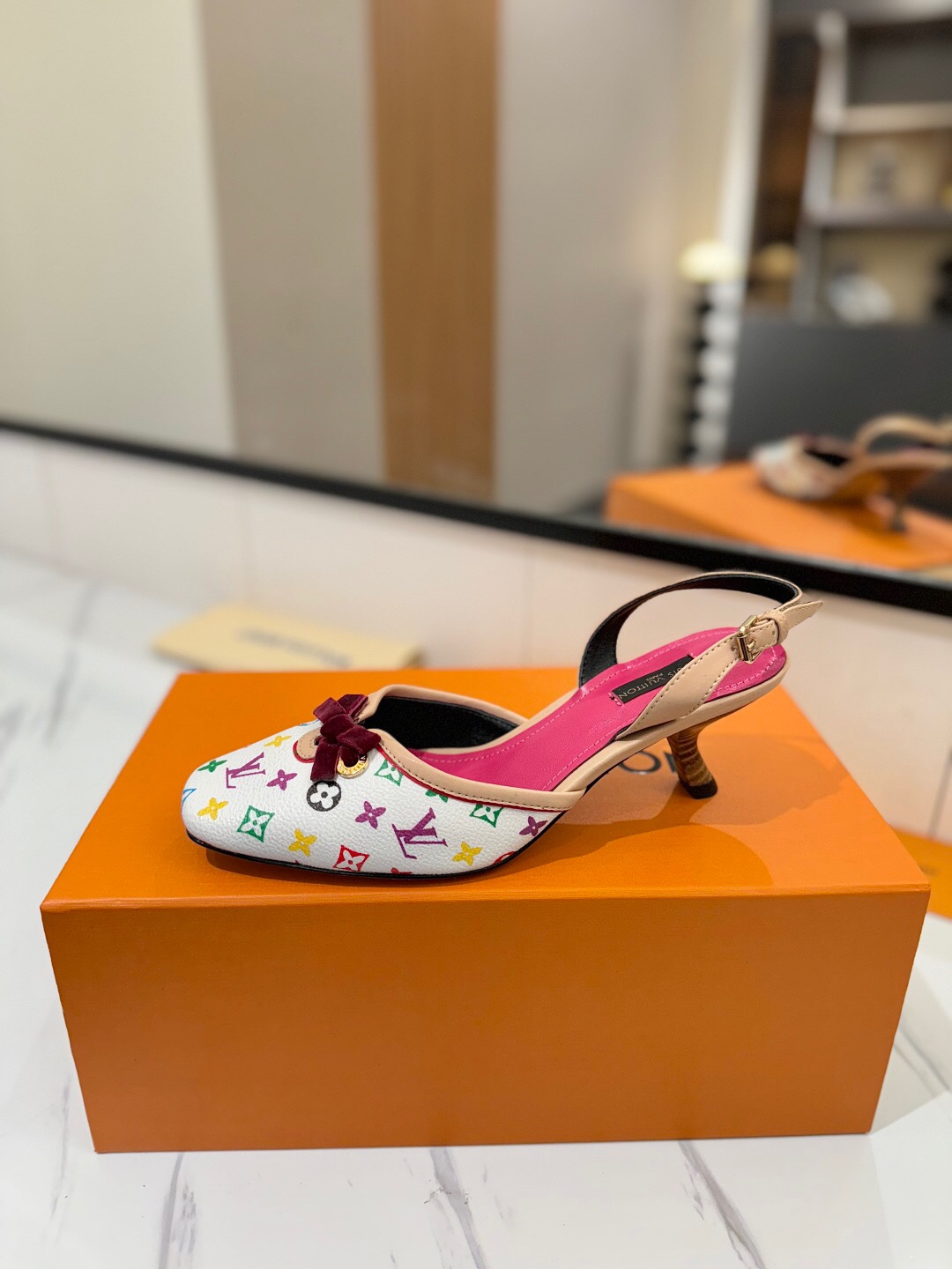 2025 Women Louis Vuitton White Multicolor Canvas Slingback Heels KFY00310
