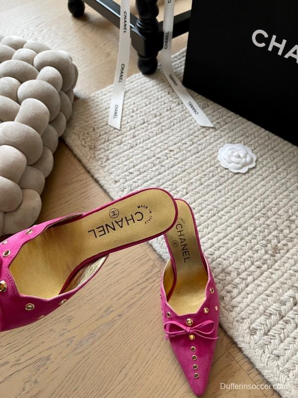 2025 Women Chanel Pink Suede Slip-on Mules KFY00290