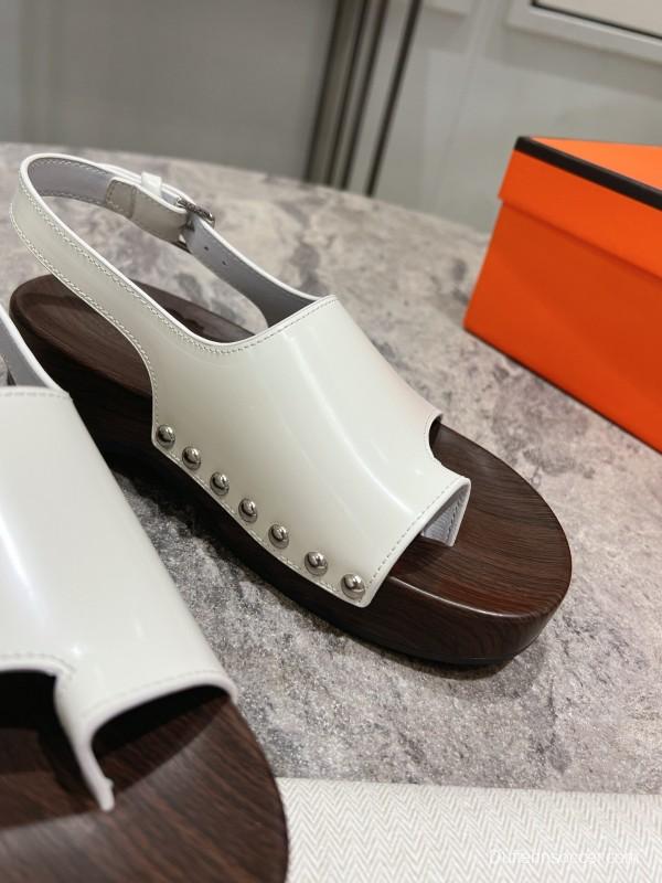 2025 Women Hermès White Leather Slippers