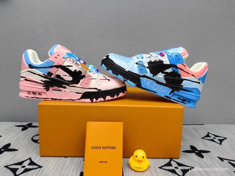 2025 Unisex Louis Vuitton Pink Blue Leather Canvas Plimsolls Hand Painted KFY00620