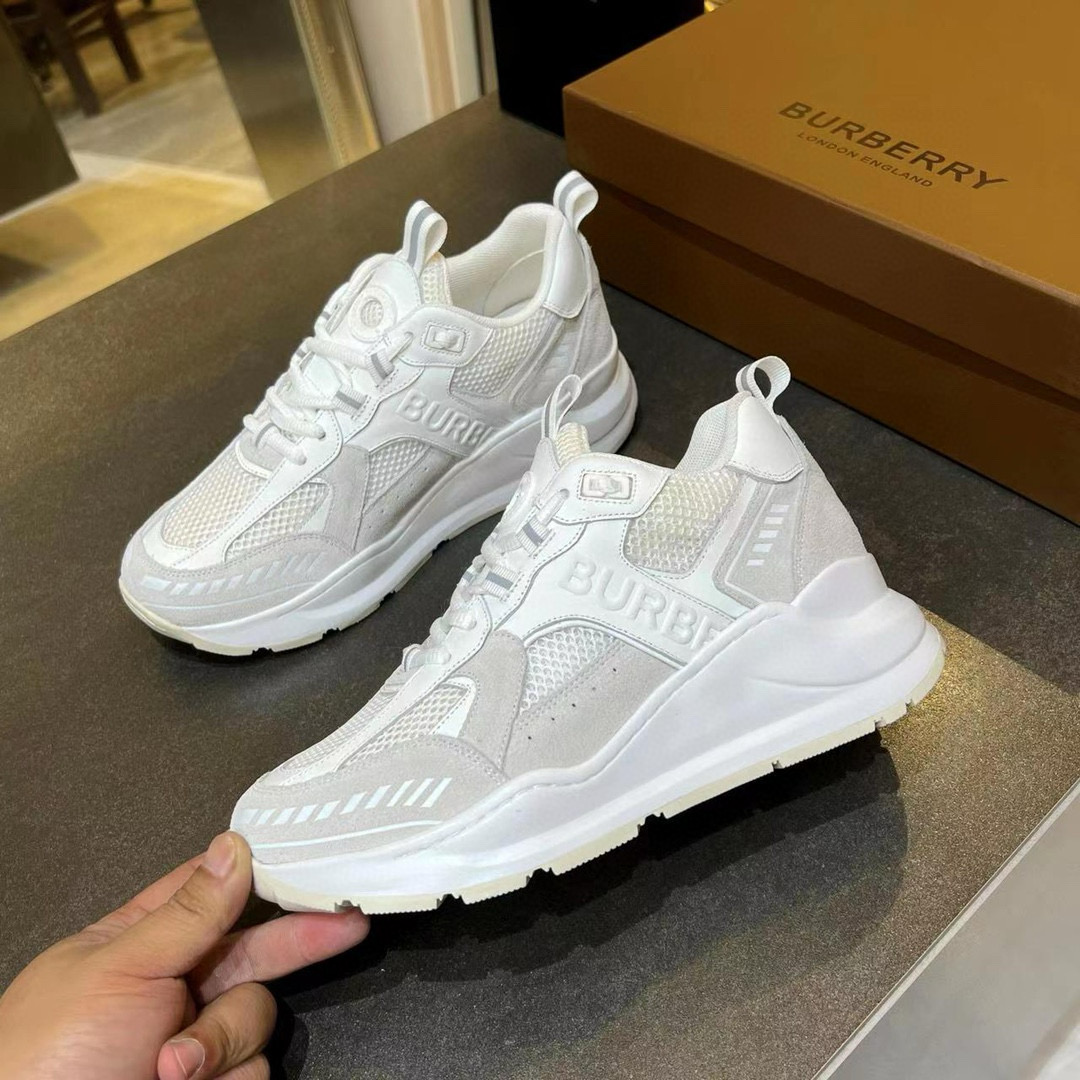 2025 Unisex Burberry White Grey Suede Mesh Sneakers MJ00380