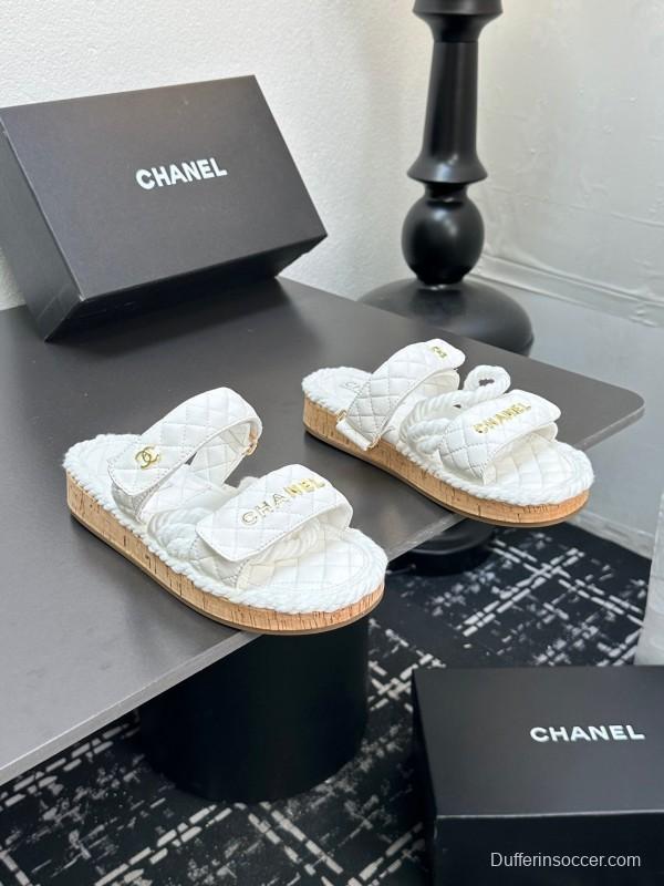 2025 Slippers Chanel White Quilted Fabric Cork Sole LY00250