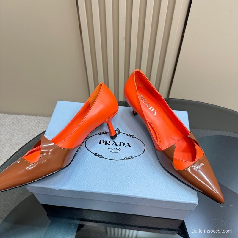 2025 Women Prada Orange Brown Leather Heels KFY00310