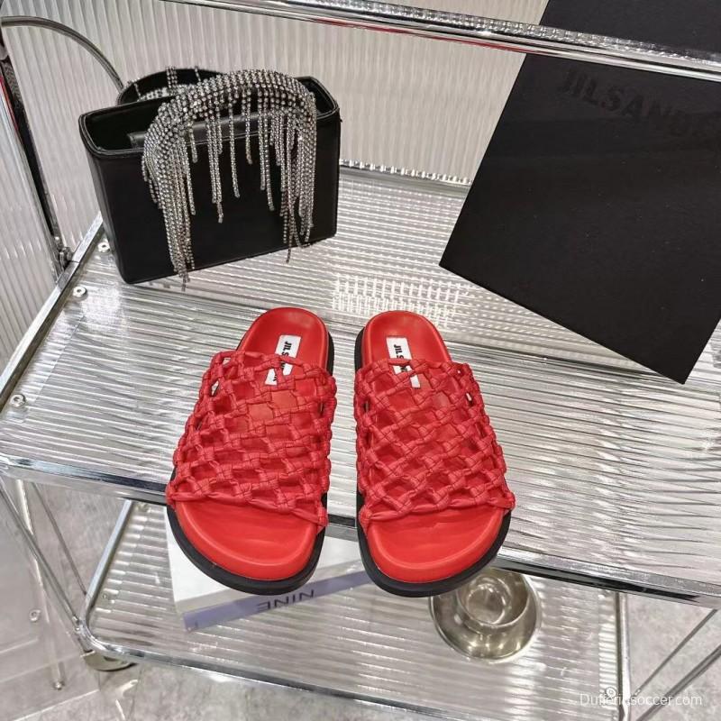 2025 Jil Sander Red Leather Woven Slippers