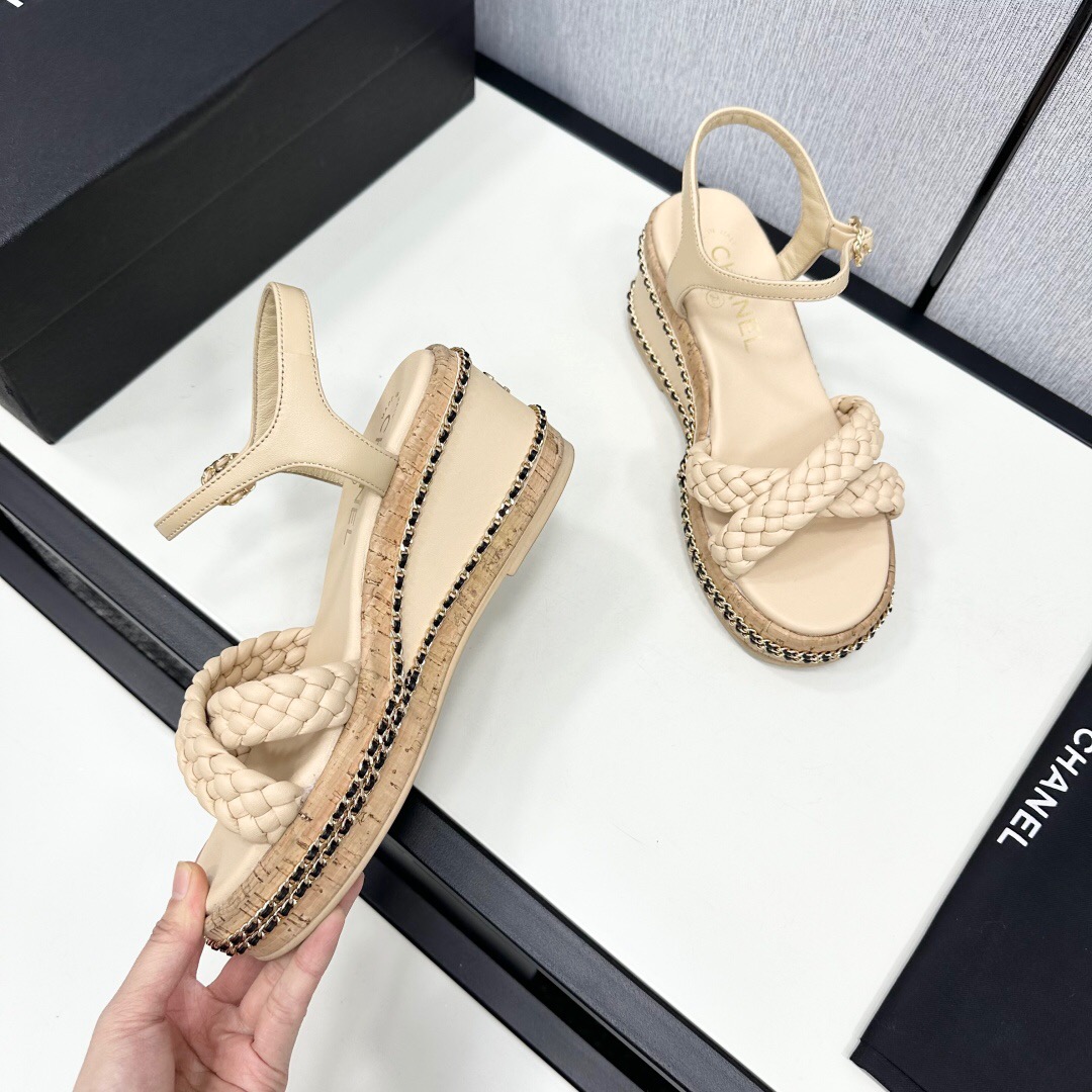 2025 Women Chanel Beige Leather Wedge Sandals
