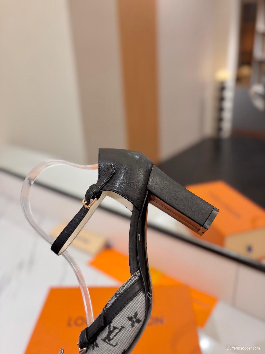 2025 Women Louis Vuitton Grey Black Denim Leather Heeled Sandals KFY00310