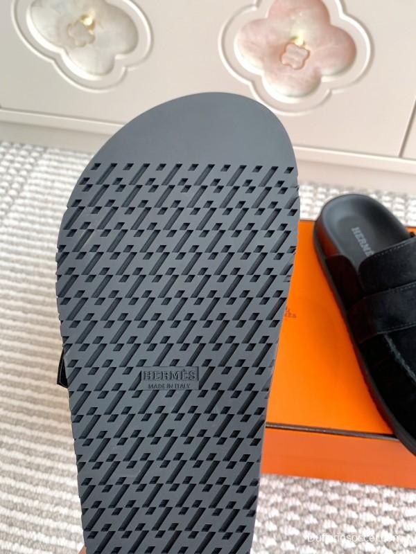 2025 Women Hermès Black Suede Mule Shoes Buckle KFY00290