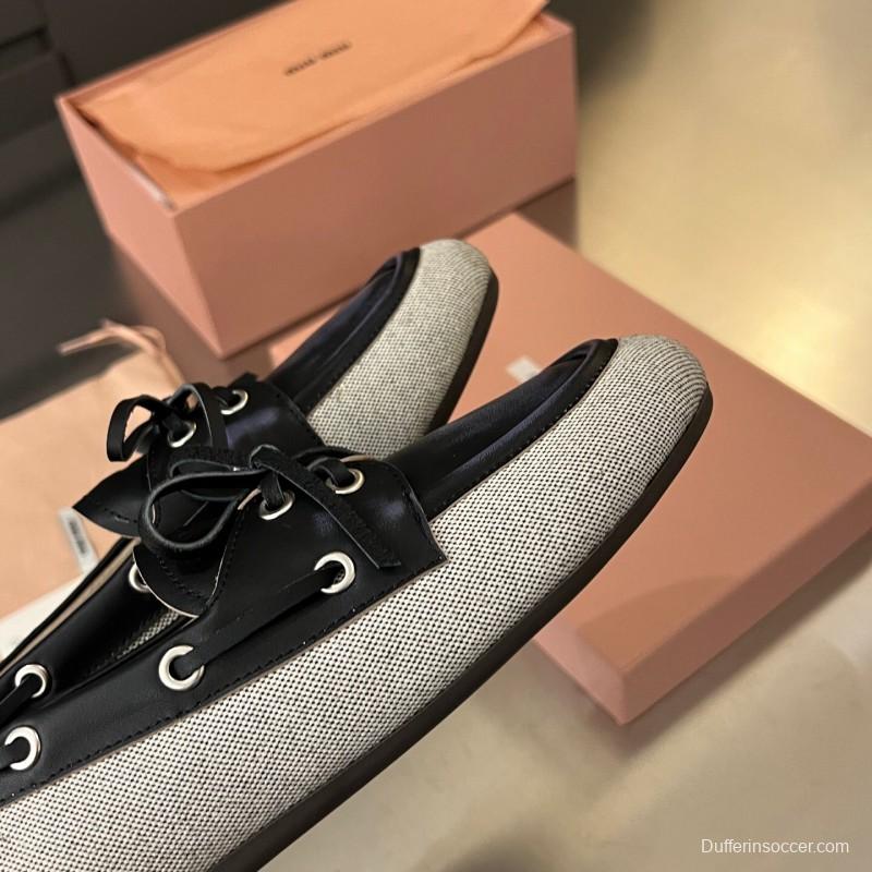 2025 Women Miu Miu Black Beige Leather Fabric Loafers