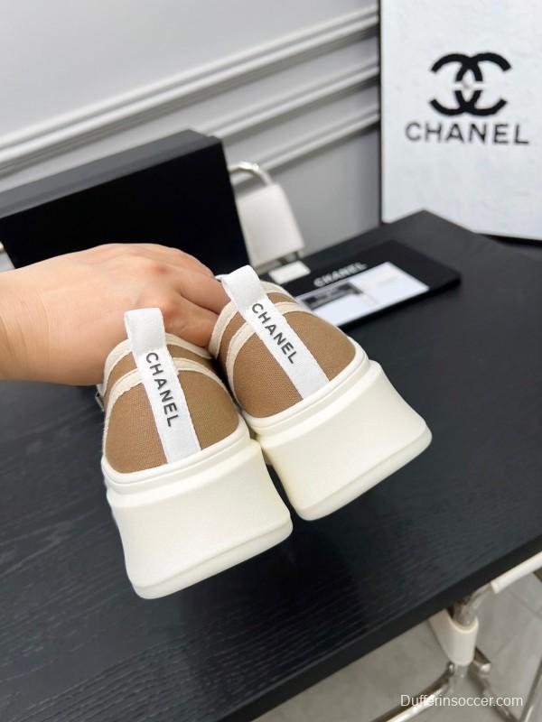 2025 Women Chanel Beige Canvas Leather Sneakers Collaboration LY00250