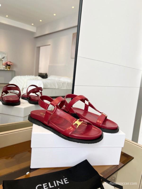 2025 Women Celine Red Leather Sandals LY00220