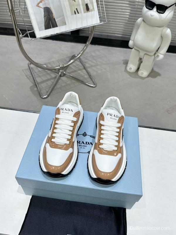 2025 Women Prada White Brown Leather Sneakers