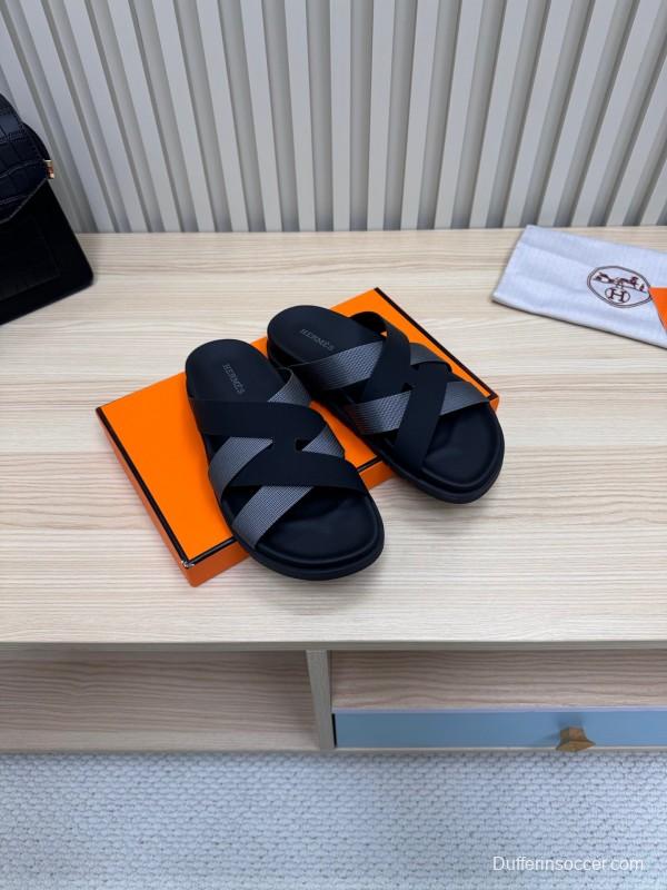 2025 Unisex Hermès Black Grey Leather Slippers