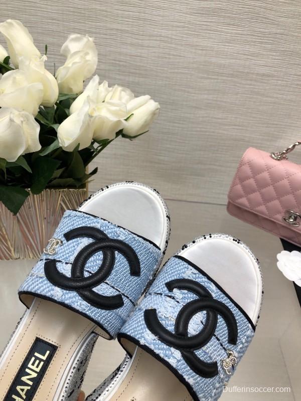 2025 Women Chanel Blue Denim Canvas Slippers LY00320