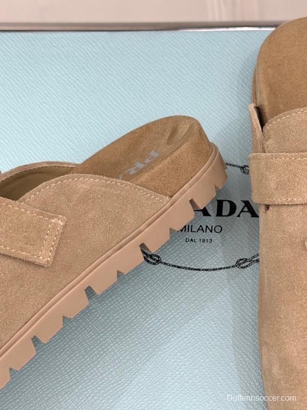 2025 Women Prada Beige Suede Clogs Buckle KFY00280