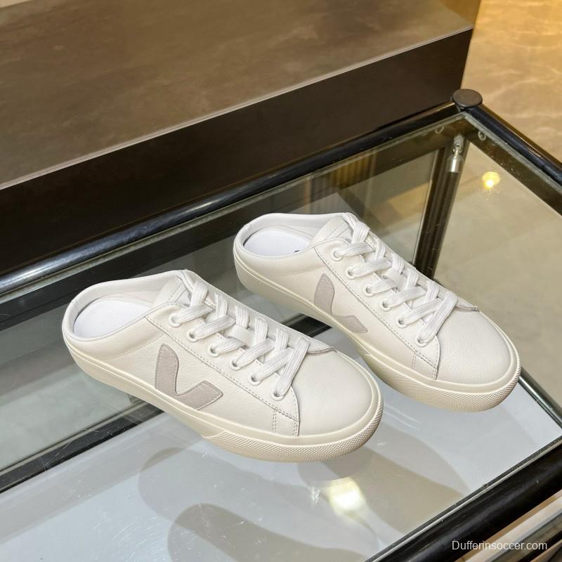 2025 Women VEJA White Canvas Leather Mule Sneakers MJ00240
